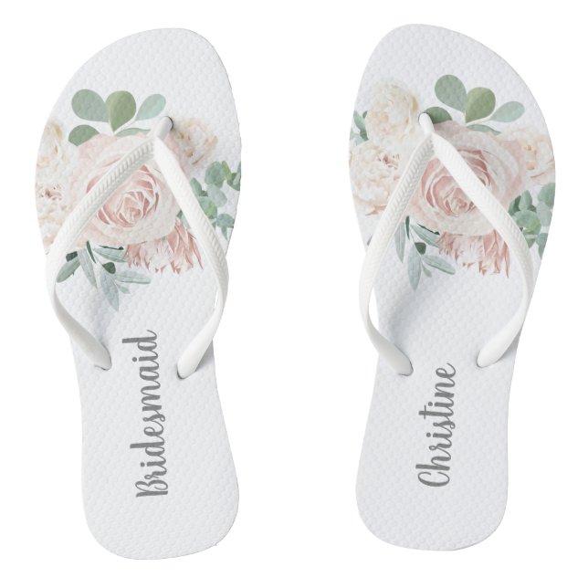 Bridesmaid Wedding Favor Pink Floral Eucalyptus Flip Flops (Footbed)