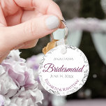 Bridesmaid Wedding Gift Cassis Purple & Gray Lacy Keychain<br><div class="desc">These keychains are designed to give as favors to bridesmaids in your wedding party. They feature a simple yet elegant design with a white background, magenta or cassis purple & Gray text, and a silver faux foil floral border. Perfect way to thank your bridesmaids for being a part of your...</div>