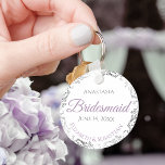 Bridesmaid Wedding Gift Lavender Purple & Gray Keychain<br><div class="desc">These keychains are designed to give as favors to bridesmaids in your wedding party. Designed to coordinate with our Purple & Gray Elegant Wedding Suite, they feature a simple yet elegant design with a white background, lavender & Gray text, and a silver faux foil floral border. Perfect way to thank...</div>