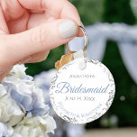 Bridesmaid Wedding Gift Light Blue & Gray Lacy Keychain<br><div class="desc">These keychains are designed to give as favors to bridesmaids in your wedding party. Designed to coordinate with our Blue & Gray Elegant Wedding Suite, they feature a simple yet elegant design with a white background, light blue & Gray text, and a silver faux foil floral border. Perfect way to...</div>