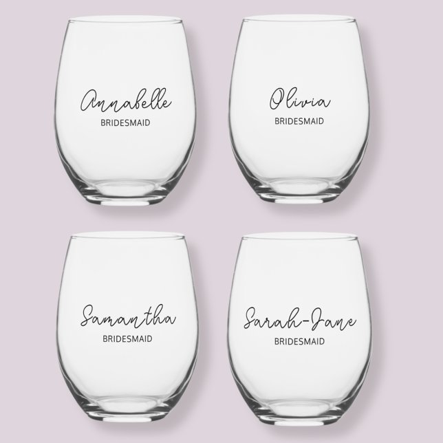 Bridesmaid Wedding Party Modern Stemless Wine Glass (Modern stemless wine glasses personalized for bridesmaids with script name.)