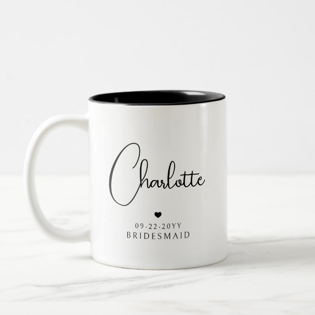 Bridesmaid Wedding Simple Modern Script Name Two-Tone Coffee Mug (Left)