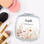 Bridesmaid wildflowers beige pink compact mirror<br><div class="desc">Decorated with wildflowers in beige,  cream and pink.  Personalize and add your bridesmaid's name.   Black handwritten style script.</div>