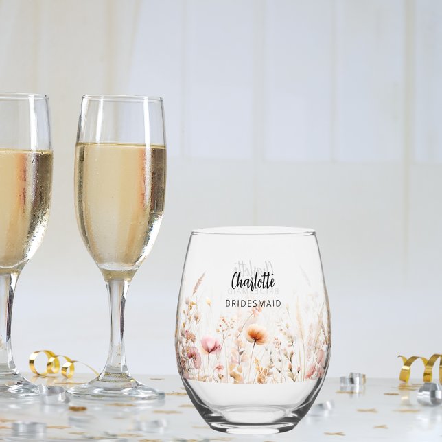 Bridesmaid wildflowers beige pink stemless wine glass (Creator Uploaded)