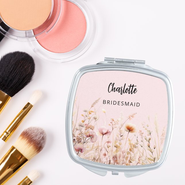 Bridesmaid wildflowers pink beige cream compact mirror (Creator Uploaded)
