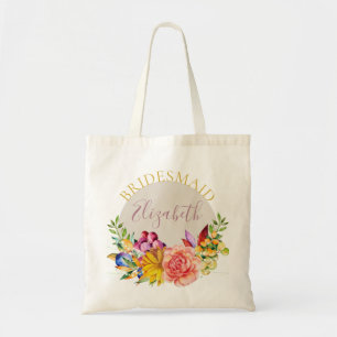 Bridesmaid with Name Floral Bouquet Tote Bag