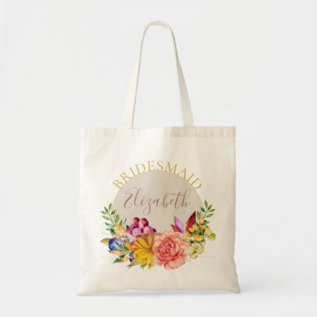 Bridesmaid With Name Floral Bouquet Tote Bag by MaggieMart at Zazzle