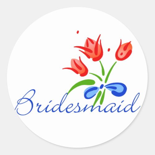 Bridesmaid with red tulips classic round sticker