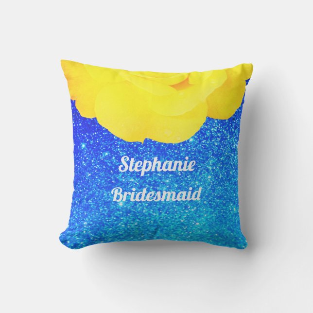 Bridesmaid Yellow Floral Blue Glitter Wedding Outdoor Pillow (Front)