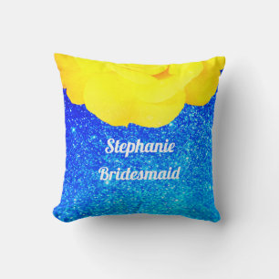 Bridesmaid Yellow Floral Blue Glitter Wedding Throw Pillow