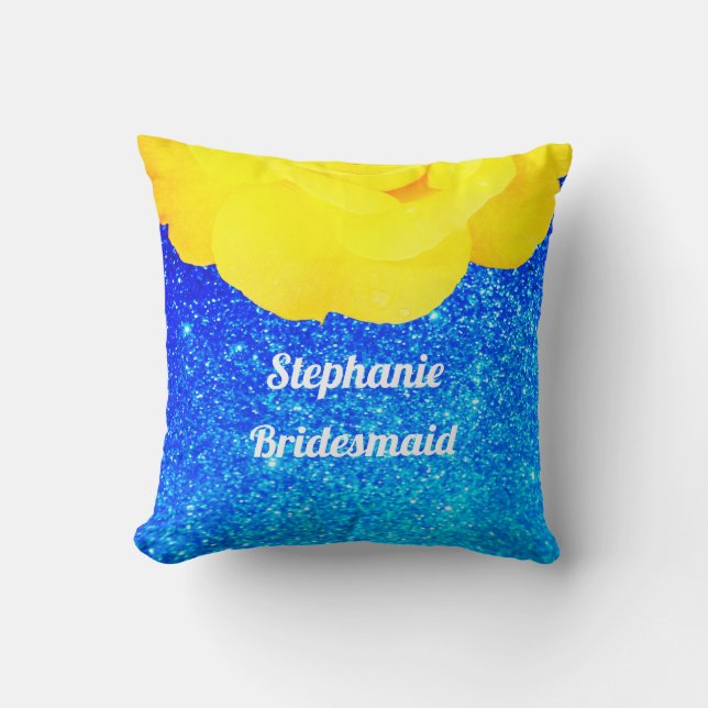 Bridesmaid Yellow Floral Blue Glitter Wedding  Throw Pillow (Front)