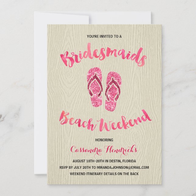 Bridesmaids Beach Weekend with Pink Faux Glitter Invitation (Front)