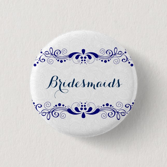 BridesMaids Blue Swirls Lace White Background Pinback Button (Front)