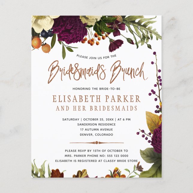 Bridesmaids brunch budget bridal shower invitation flyer (Front)