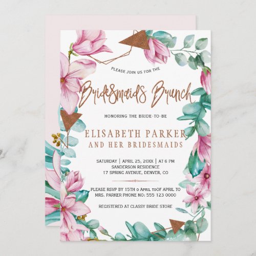 Bridesmaids brunch watercolor pink bridal shower invitation