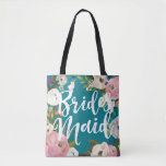 Bridesmaids Brushed Floral Wedding Party Tote Bag<br><div class="desc">Custom color background and all over printing with painted floral edges. Bridesmaid in brush script on one side and name on the back. Customize to change the background color (turquoise). Black looks amazing too. The gorgeous painted florals are by Create the Cut. Find them on Creative Market https://crmrkt.com/7WdAX, Etsy https://www.etsy.com/shop/CreateTheCut,...</div>