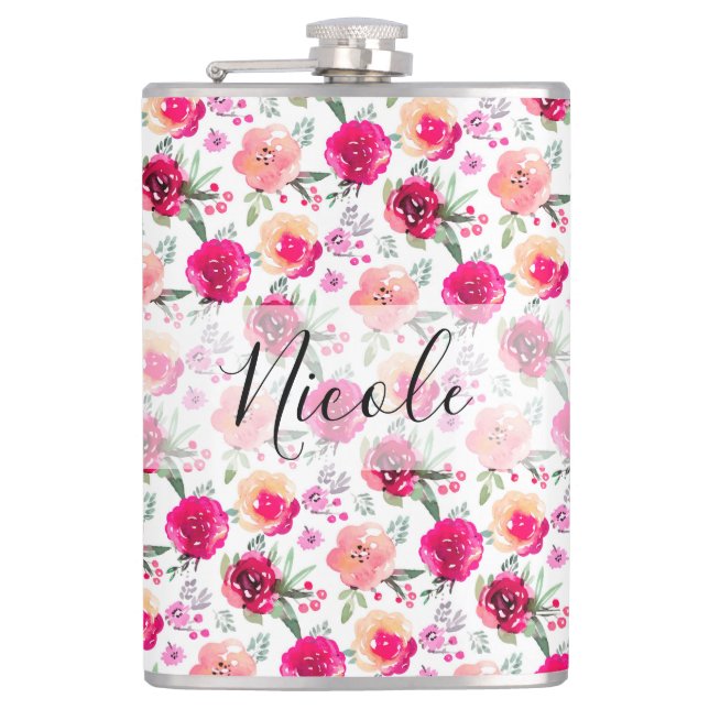Bridesmaids Gift Watercolor Floral Flask (Front)