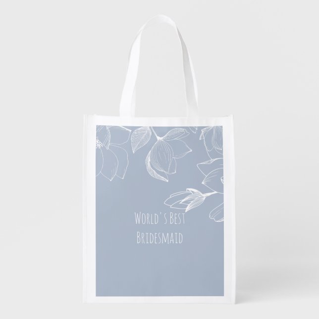 BRIDESMAIDS GIFTS Dusty Blue White Magnolias Grocery Bag (Front)