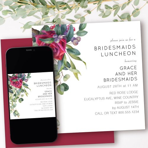 Bridesmaids Luncheon Red Rose and Eucalyptus Invitation