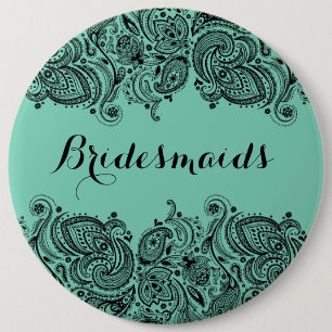 BridesMaids Mint Green & Black Paisley Lace Pinback Button