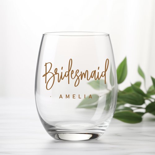 Bridesmaids name elegant calligraphy script stemless wine glass