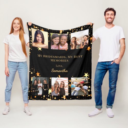 Bridesmaids photo collage black gold memories fleece blanket
