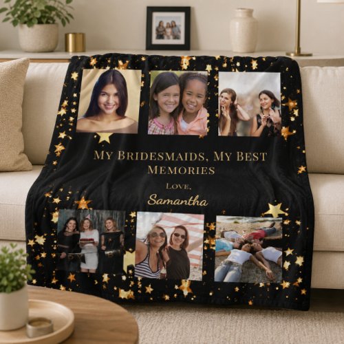 Bridesmaids photo collage black gold memories fleece blanket
