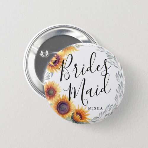 Bridesmaids Sunflower Florals Custom Name Wedding Button