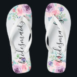 Bridesmaids Typography Colorful Flowers Bouquet Flip Flops<br><div class="desc">Elegant modern bridesmaids typography with colorful watercolors flowers bouquet.</div>