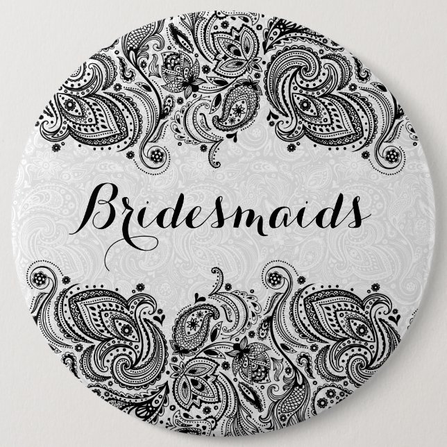 BridesMaids White & Black Paisley Lace Pinback Button (Front)