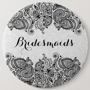 BridesMaids White & Black Paisley Lace Pinback Button
