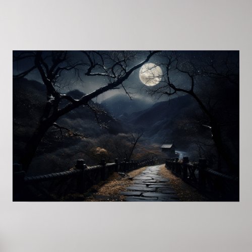 Bridge and winding road countryside moonlight poster