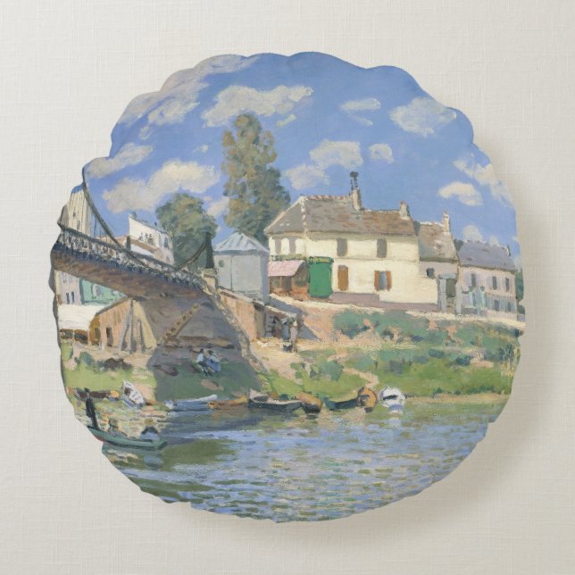 Bridge at Villeneu by Sisley Impressionist Paint Round Pillow (Front)