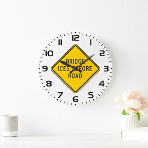 Bridge Ices Before Road Sign Winter Safety Large Clock