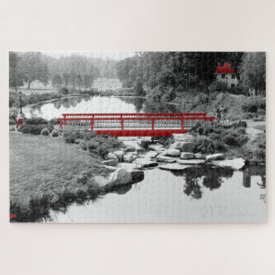 Bridge in CT., Black and White with Red Accents Jigsaw Puzzle