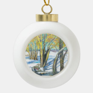 bridge in the winter ceramic ball christmas ornament