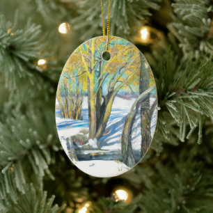 bridge in the winter ceramic ornament