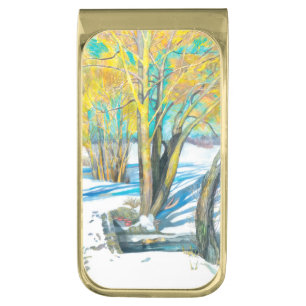 bridge in the winter Watercol painting Gold Finish Money Clip