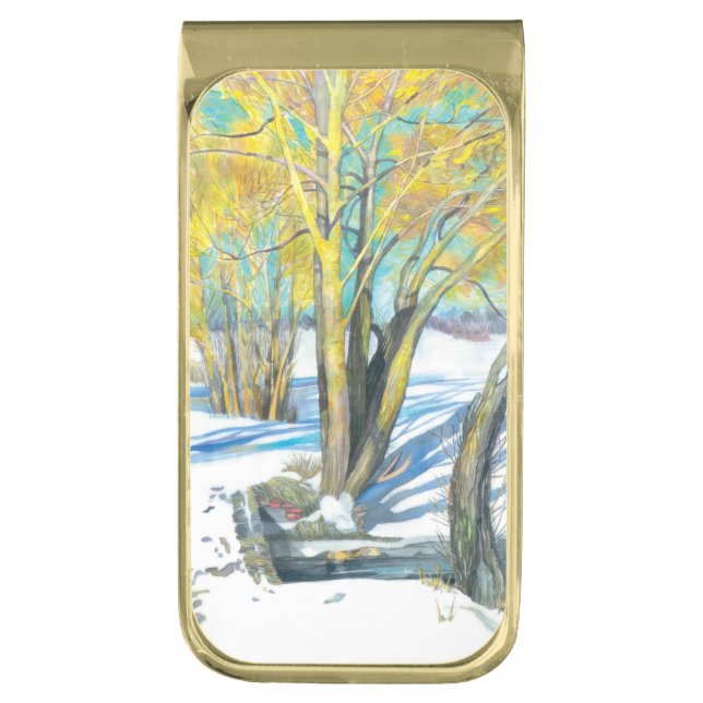 bridge in the winter Watercol painting Gold Finish Money Clip (Front Vertical)