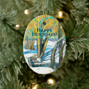 Bridge in the winter Watercolor painting Ceramic Ornament