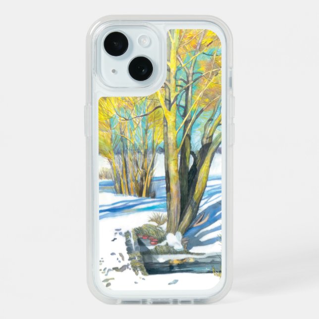Bridge in the winter  Watercolor painting   iPhone 15 Case (Back (Blue))