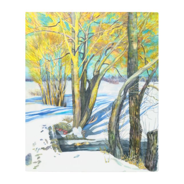 Bridge in the winter Watercolor painting Metal Print (Front)