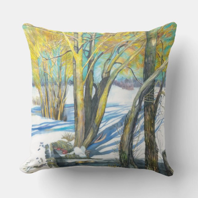 Bridge in the winter Watercolor painting Outdoor Pillow (Front)