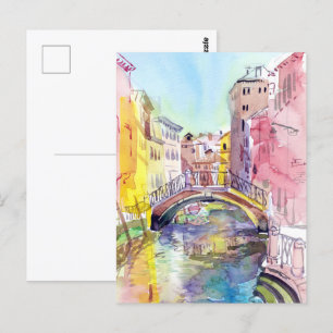 Bridge in Venice, Italy. Watercolor painting art Postcard