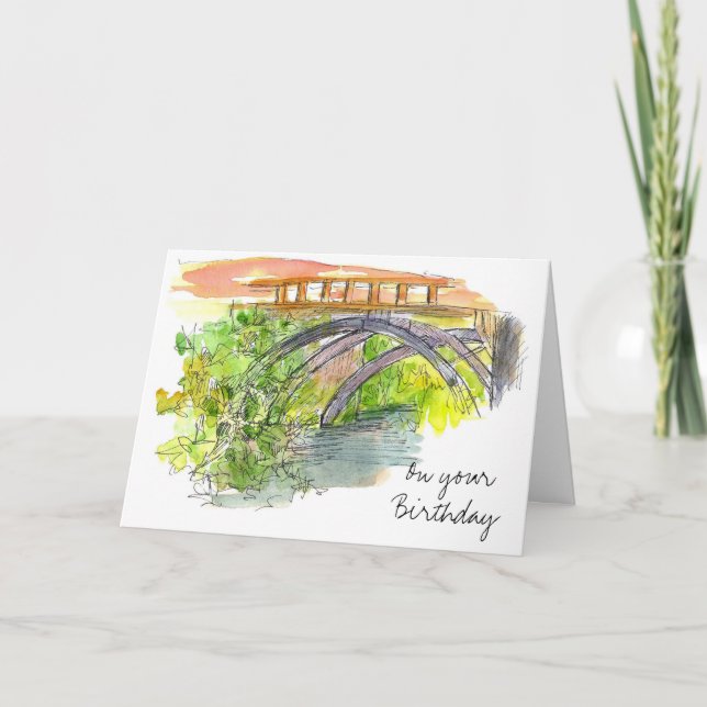 Bridge Landscape Watercolor Happy Birthday Card (Front)
