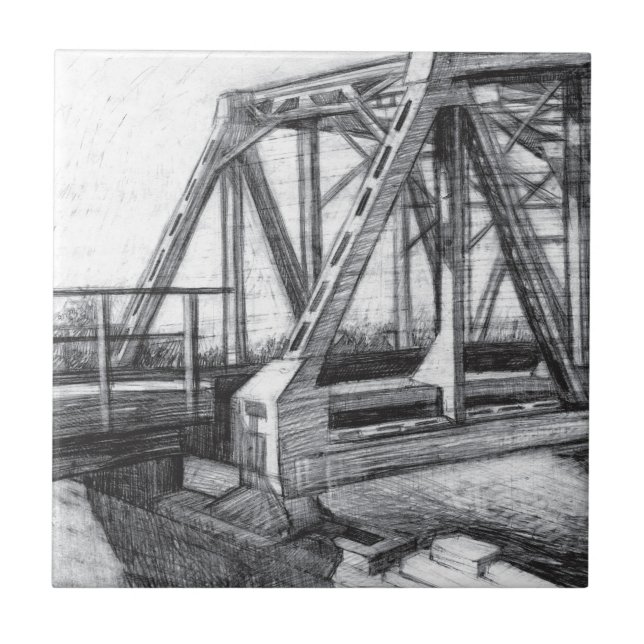 Bridge old pencilart  Monochrome Black & White Ceramic Tile (Front)