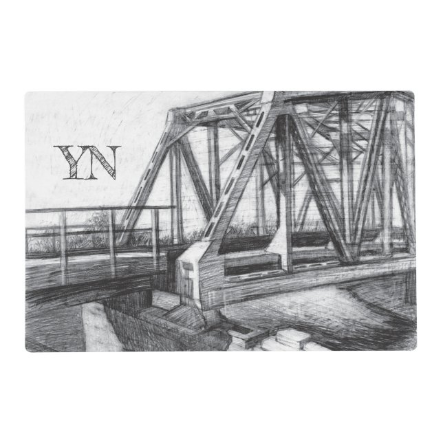 Bridge old pencilart  Monochrome Black & White Placemat (Front)