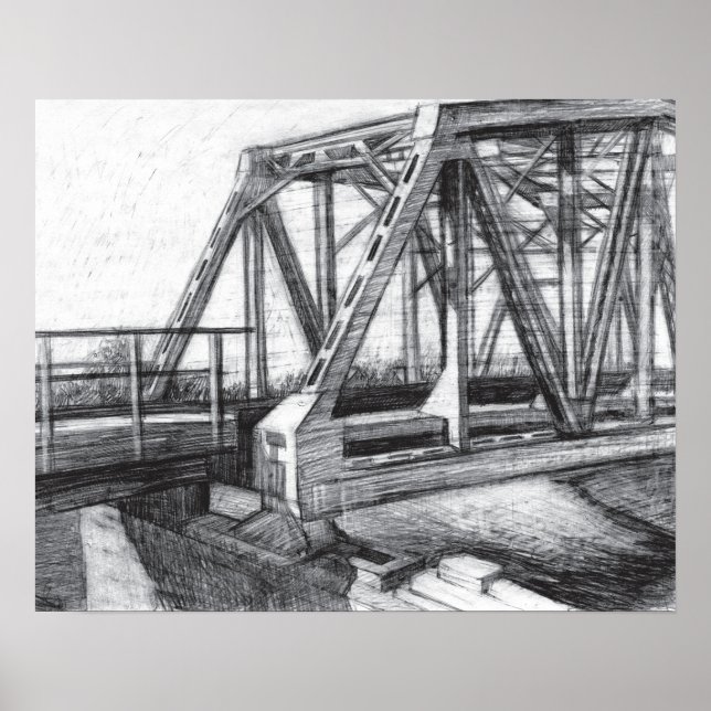 Bridge old pencilart  Monochrome Black & White Poster (Front)