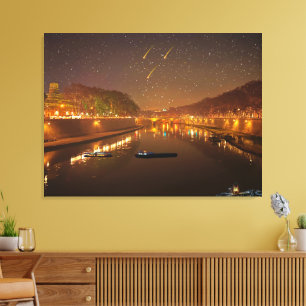 Bridge on Tiber at night with boats and stars Canvas Print