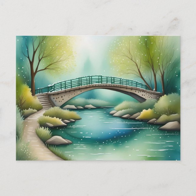 Bridge over a river watercolor painting postcard (Front)